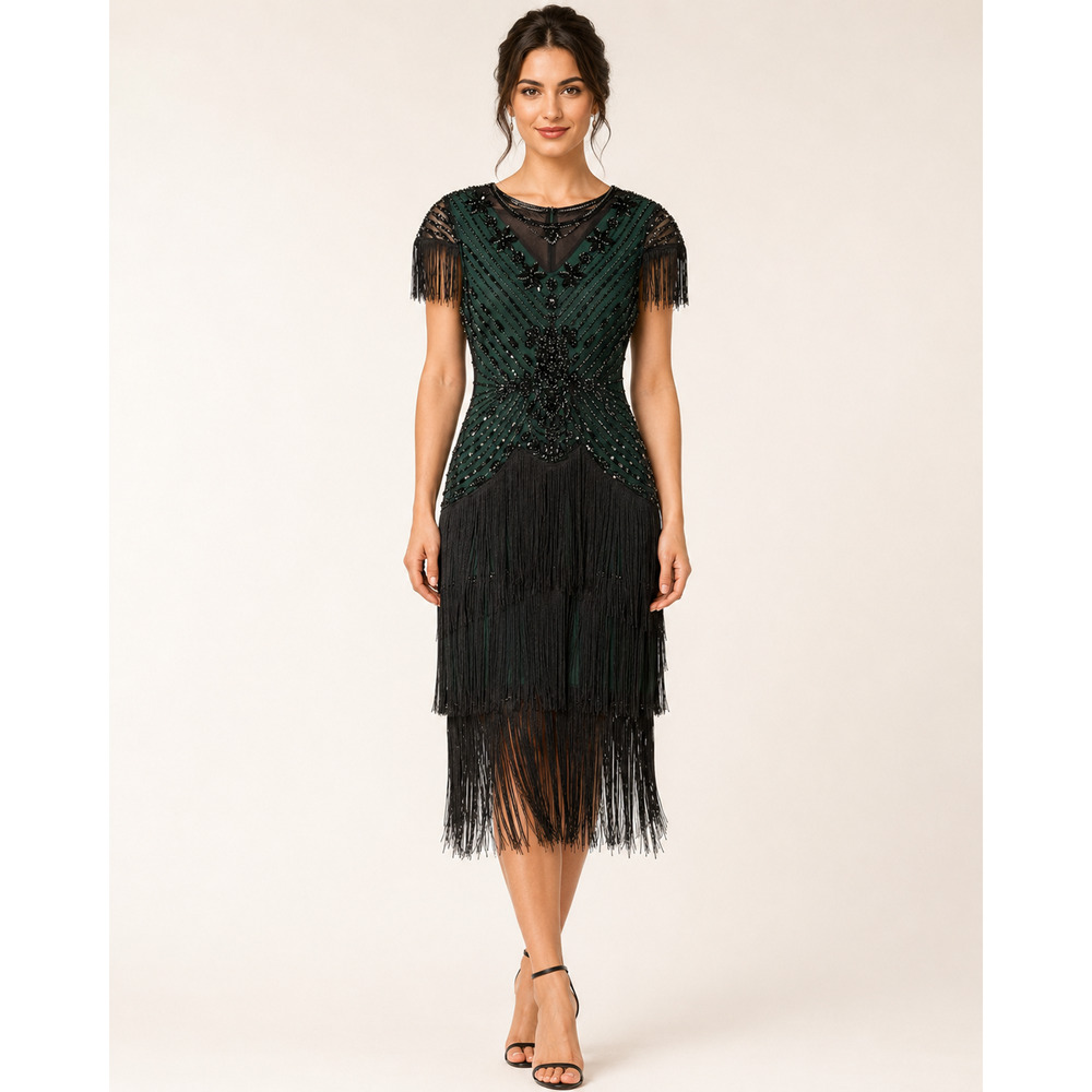 Women's Ethereal Gatsby Flapper 1920s Beaded Green Paisley Fringe Dress Large